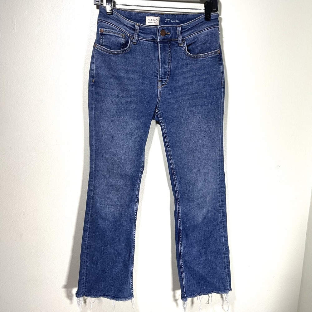 Pilcro Anthropologie Cropped Flare Jeans Women's 27 Raw Hem Stretch Blue Denim